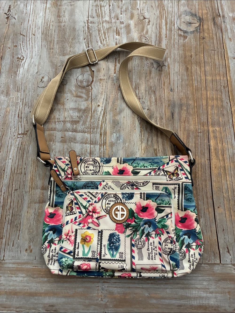 Gianni Bini Floral Stamp-Print Crossbody Bag in Cream, Pink and Green